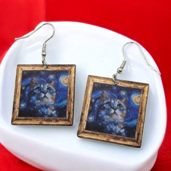 Cat Van Gogh Starry Night Famous Painting Earrings Dangle Pierced Ears Jewelry - Picture 1 of 6